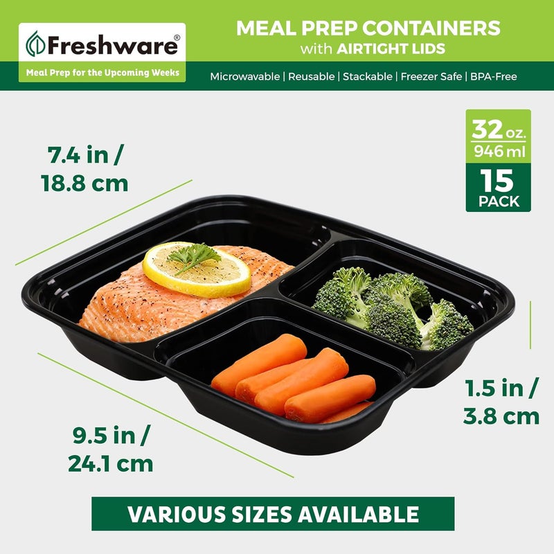 Freshware حاويات تحضير الوجبات من فريش وير 15 حزمة 3 أقسام مع أغطية حاويات الطعام صندوق الغداء قابل للتكديس صندوق بنتو آمن في الميكروويف وغسالة الصحون 32 أونصة - Image 4