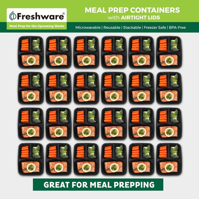 Freshware حاويات تحضير الوجبات من فريش وير 15 حزمة 3 أقسام مع أغطية حاويات الطعام صندوق الغداء قابل للتكديس صندوق بنتو آمن في الميكروويف وغسالة الصحون 32 أونصة - Image 3