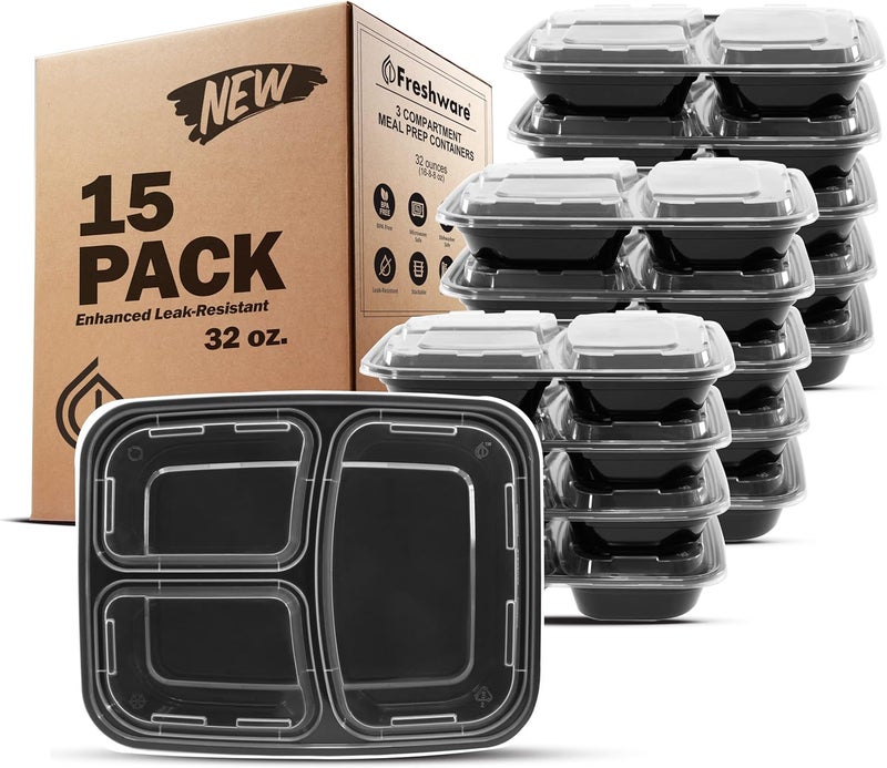 Freshware حاويات تحضير الوجبات من فريش وير 15 حزمة 3 أقسام مع أغطية حاويات الطعام صندوق الغداء قابل للتكديس صندوق بنتو آمن في الميكروويف وغسالة الصحون 32 أونصة - Image 1