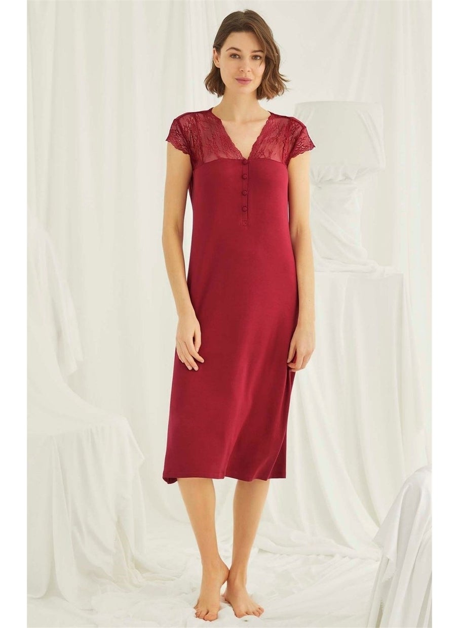 Monamise 18481 Women's Red V Neck Front Buttoned Lace Short Sleeve Midi Plus Size Nightgown  - Image 1