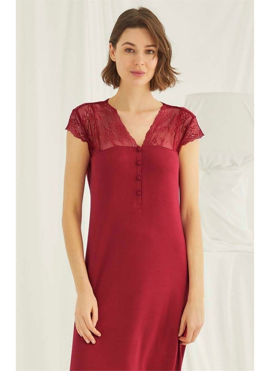 Monamise 18481 Women's Red V Neck Front Buttoned Lace Short Sleeve Midi Plus Size Nightgown  - Image 2