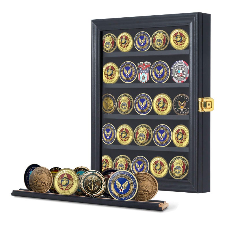 Jinchuan Military Challenge Coin Display Case Lockable Cabinet Rack Holder Shadow Box with Removable 2 Grooves Shelves and Anti Dust Door for Casino Poker Chips Collectibles Black