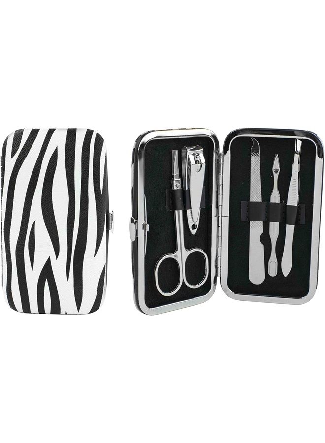 Stephanie Imports 5-Piece Manicure Grooming Kit Set in Zebra Print Travel Case (Clipper, Scissor, Double-Sided Push Stick, Nail File, Tweezers) - Image 1