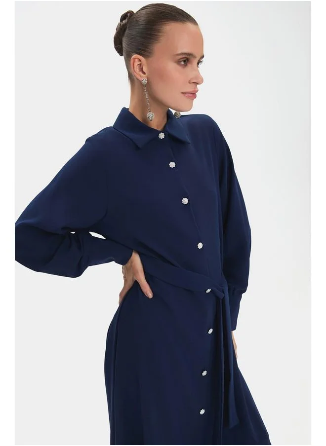 جون June Women Shirt Neck Flounce Hem Dress Navy