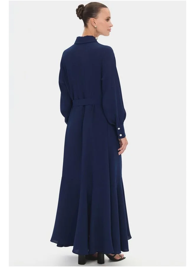 جون June Women Shirt Neck Flounce Hem Dress Navy