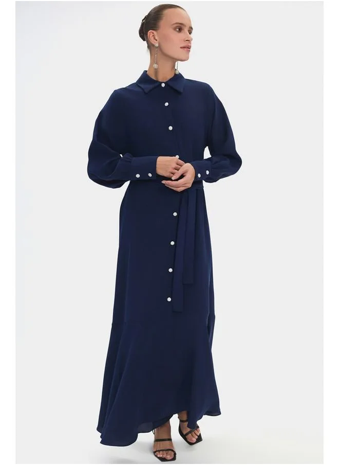 JUNE June Women Shirt Neck Flounce Hem Dress Navy