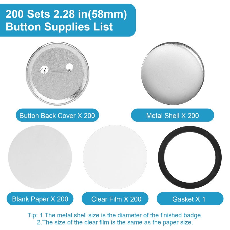 KUNTAERY 200 Set 2.28 Inch Button Maker Supplies, 58mm Approx. 2.25 in Metal Blank Button Badge Parts with Blank Paper& Clear Film for Button Maker Machine, Pin Maker, and Badge Press - Image 2
