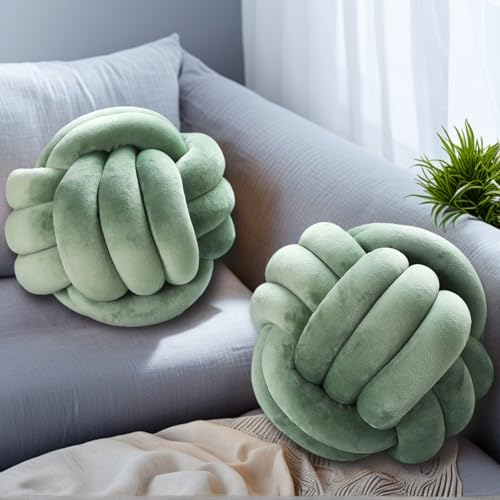 Wadser 2 Pcs Knot Pillows Sage Green Knotted Ball Pillow Plush Throw Pillows for Bed Sofa Couch 87 Decorative Round Pillow Cushions - Image 1