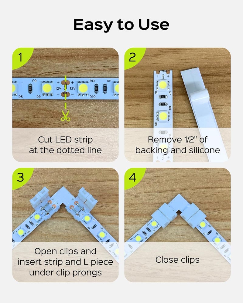 JACKYLED 8mm 2 Pin LED Strip Connectors Lights Connector, L Shape Gapless Solderless Connectors LED Adapter Light Extension Connectors for 8mm Wide Single Color Flex LED Strips - 8mm 2pin Total 22Pcs - Image 5