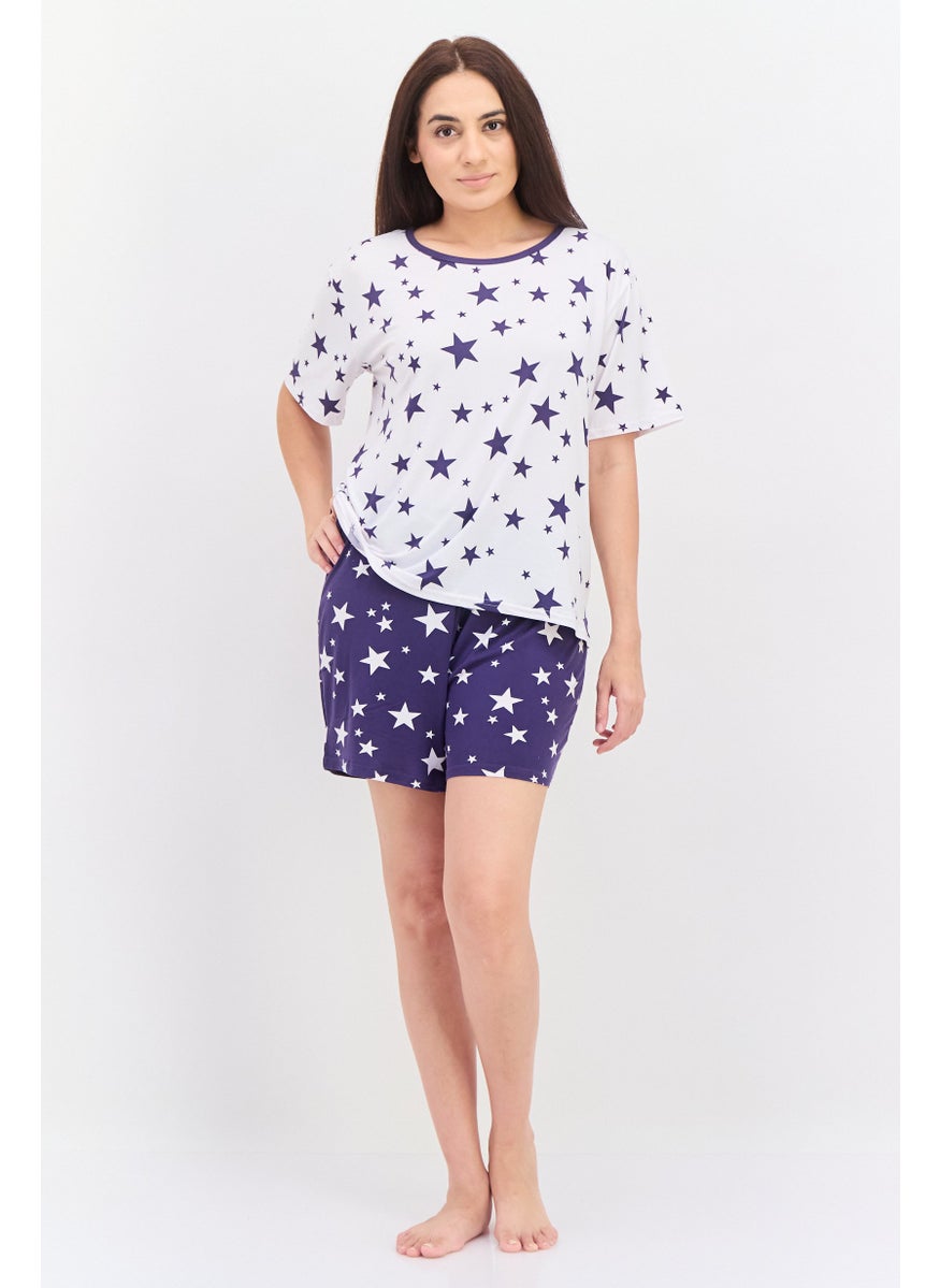 PJ Couture - Women 2 Pcs Allover Print Top And Bottom Pajama Set, White - Image 1
