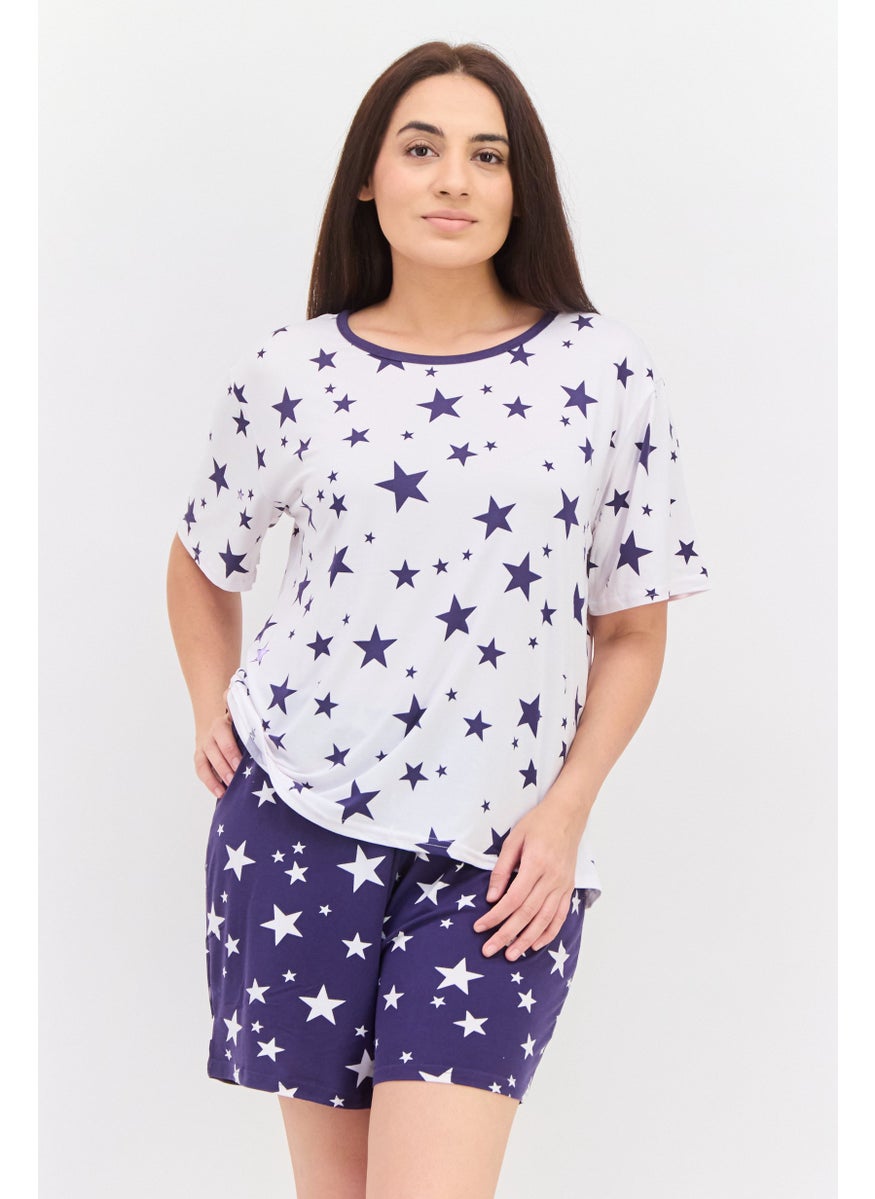 PJ Couture - Women 2 Pcs Allover Print Top And Bottom Pajama Set, White - Image 1
