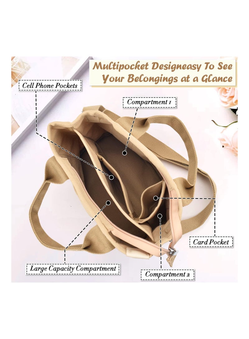 Excefore Canvas Tote Bag for Women, Multi-Pocket Handbags Tote Purse Shoulder Bags with Zipper Large Capacity Crossbody Bag for School Shopping Travel Work Daily Use Beige - Image 2