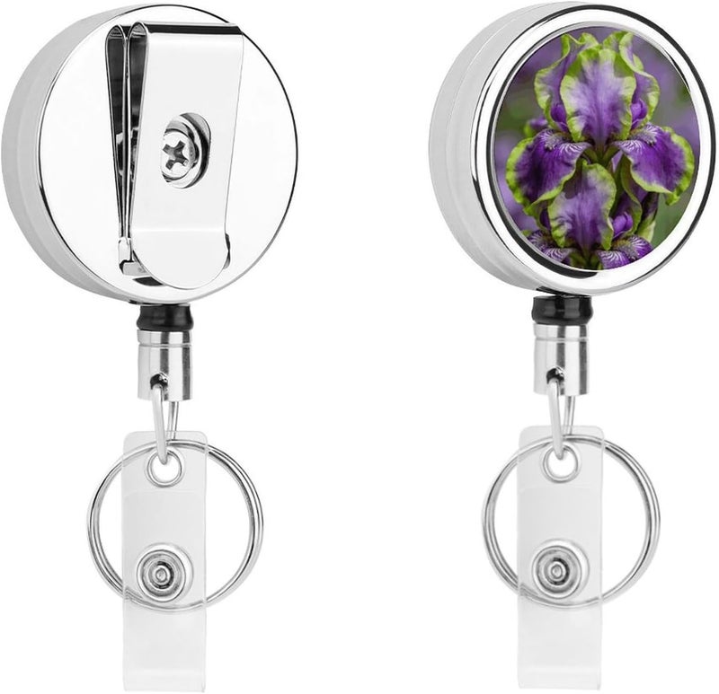 Purple Irises with Green Edges Badge Clip Steel Retractable Badge Reel, Id Card Holder with Reel, Rustproof Work Id Clip for Work, Nurse, Teacher & Office Staff Id Badge Fastener - Image 1