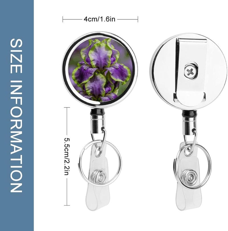 Purple Irises with Green Edges Badge Clip Steel Retractable Badge Reel, Id Card Holder with Reel, Rustproof Work Id Clip for Work, Nurse, Teacher & Office Staff Id Badge Fastener - Image 2