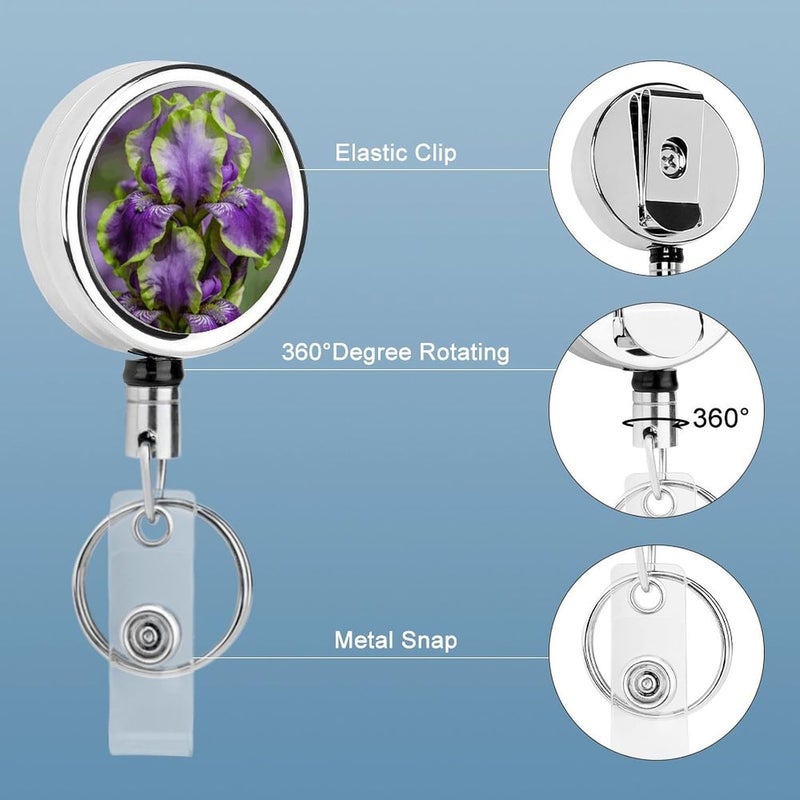 Purple Irises with Green Edges Badge Clip Steel Retractable Badge Reel, Id Card Holder with Reel, Rustproof Work Id Clip for Work, Nurse, Teacher & Office Staff Id Badge Fastener - Image 4