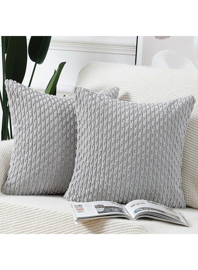 MADIZZ Pack of 2 Boho Striped Corduroy Throw Pillow Covers 20x20 Inch Light Grey Soft Decorative Cushion Cover for Bedroom Sofa Pillow Shell - Image 1