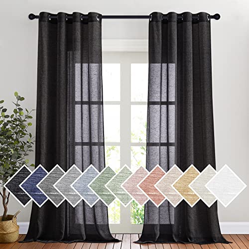 NICETOWN Classic Linen Weave Flax Sheer Window Curtains Grommet Translucent Drapes Semitransparent Privacy with Light Through for BedroomLiving Room Black W52 x L96 2 Pieces