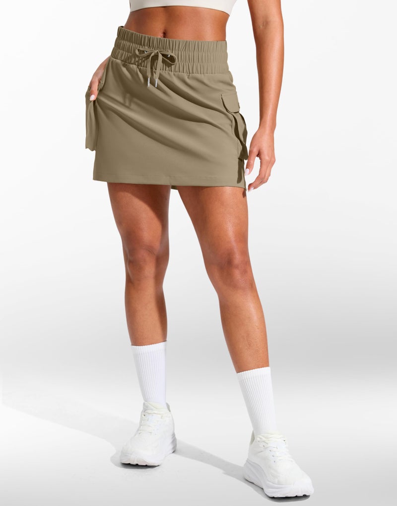 SANTINY 14" Cargo Skorts for Women with 4 Pockets Drawstring High Waisted Golf Hiking Skirt for Casual Summer Travel (Dusty Khaki_S) - Image 2