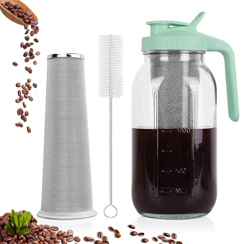 QHH Cold Brew Coffee Maker64 oz Wide Mouth Mason Jar Pitcher with Stainless Steel Filter Pour Spout Handle Lid Heavy Duty Glass Airtight LeakProof for Iced Coffee Tea LemonadeGreen - Image 1