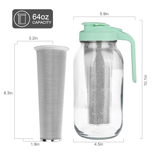 QHH Cold Brew Coffee Maker64 oz Wide Mouth Mason Jar Pitcher with Stainless Steel Filter Pour Spout Handle Lid Heavy Duty Glass Airtight LeakProof for Iced Coffee Tea LemonadeGreen - Image 3