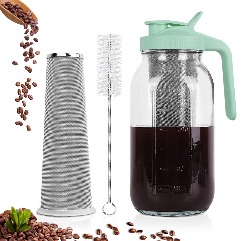 QHH Cold Brew Coffee Maker64 oz Wide Mouth Mason Jar Pitcher with Stainless Steel Filter Pour Spout Handle Lid Heavy Duty Glass Airtight LeakProof for Iced Coffee Tea LemonadeGreen - Image 2