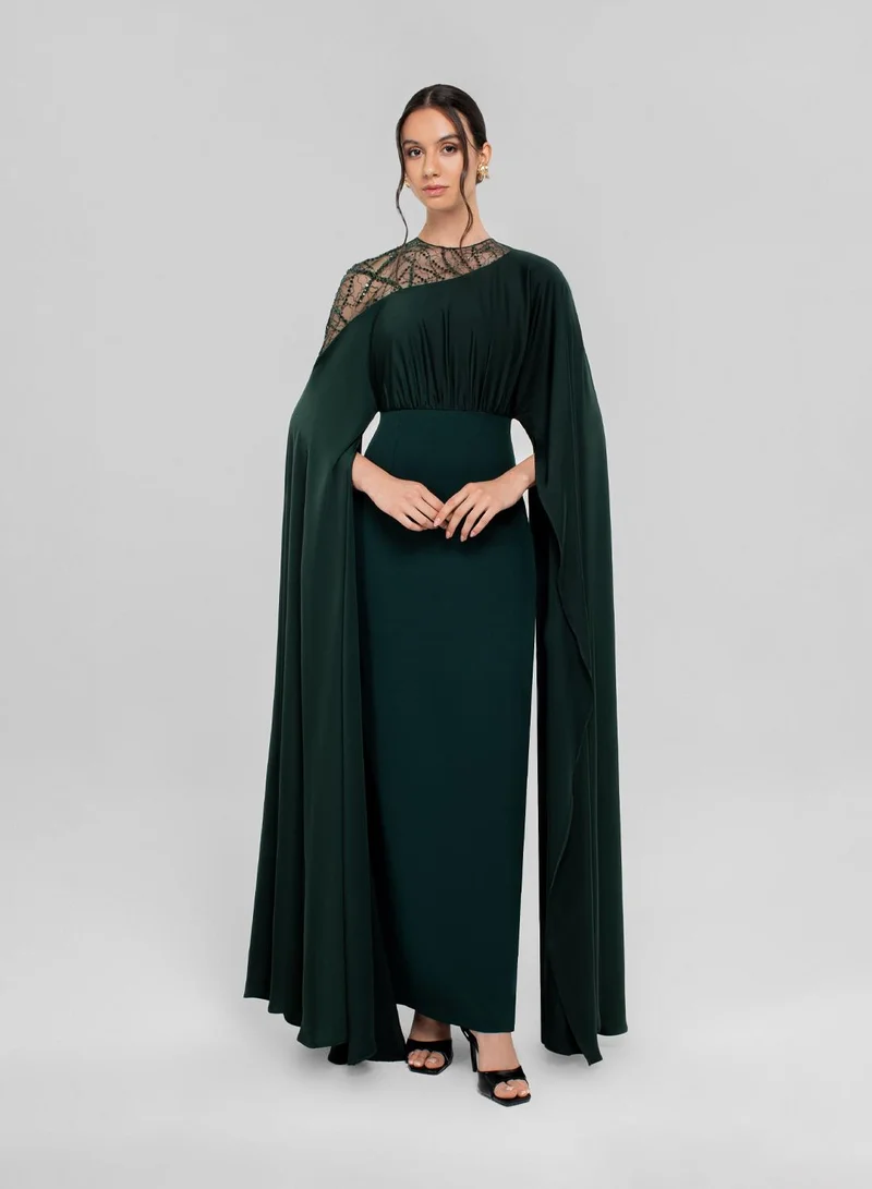 Drape Sleeve Mesh Detailed Maxi Dress