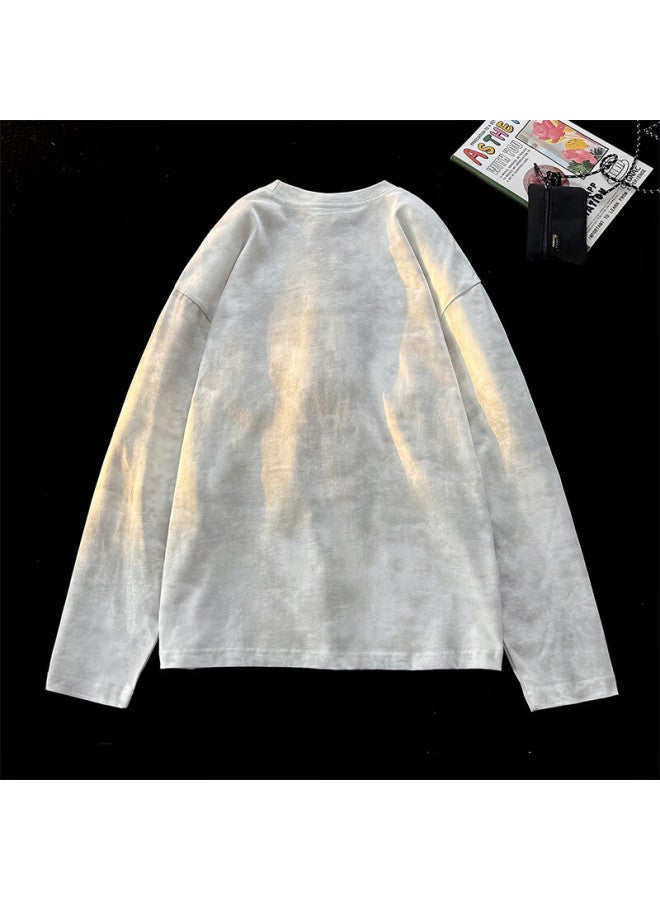 Vuug American Tie-dye Long-sleeve Men's Pure Cotton Printed T-shirt, Distressed Style, Autumn Design-inspired, L White Without Print - Image 2