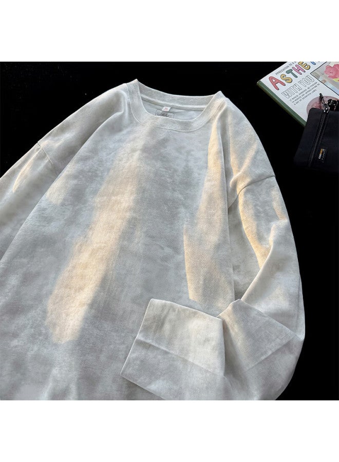 Vuug American Tie-dye Long-sleeve Men's Pure Cotton Printed T-shirt, Distressed Style, Autumn Design-inspired, L White Without Print - Image 1