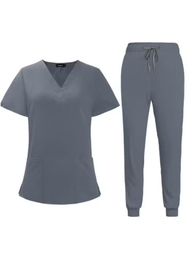 Generic Summer Doctor and Nurse Work Uniform Beauty Hospital Pet Dental Operating Room Washing Clothes Set (Gray)  - Image 1