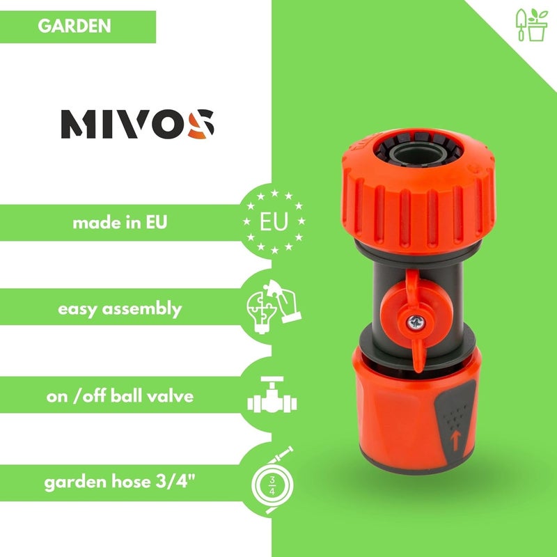 MIVOS موصلان سريعان من مع صمام تنظيم لخرطوم المياه 3/4 بوصة (20 مم)، اقتران خرطوم مع صمام كروي، وصلات مع إيقاف الماء لخراطيم الحديقة 3/4 بوصة - Image 2