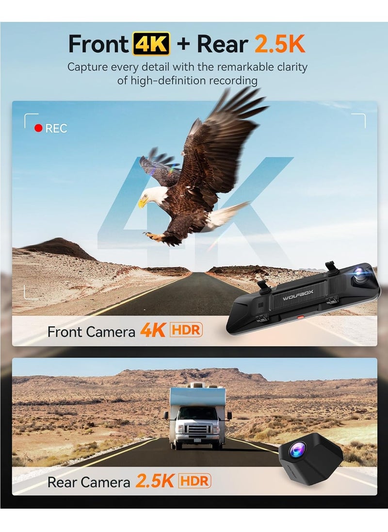 WOLFBOX G900 PRO Mirror Dash Cam, 12 inches Rear View Mirror Camera with Front 4K and Rear 2.5K, Included 128GB Card, Voice Control, 5.8GHz WiFi, Loop Recording, G-Sensor & GPS