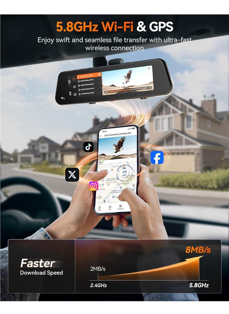 WOLFBOX G900 PRO Mirror Dash Cam, 12 inches Rear View Mirror Camera with Front 4K and Rear 2.5K, Included 128GB Card, Voice Control, 5.8GHz WiFi, Loop Recording, G-Sensor & GPS