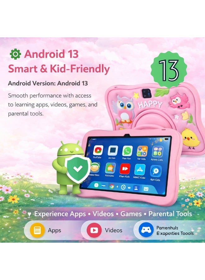 Telzeal جهاز لوحي للأطفال P103 10.1 بوصة HD، أندرويد 13، 8 جيجابايت RAM، 512 جيجابايت تخزين، كاميرا مزدوجة، 8000 مللي أمبير، غلاف مضاد للصدمات - وردي - Image 3