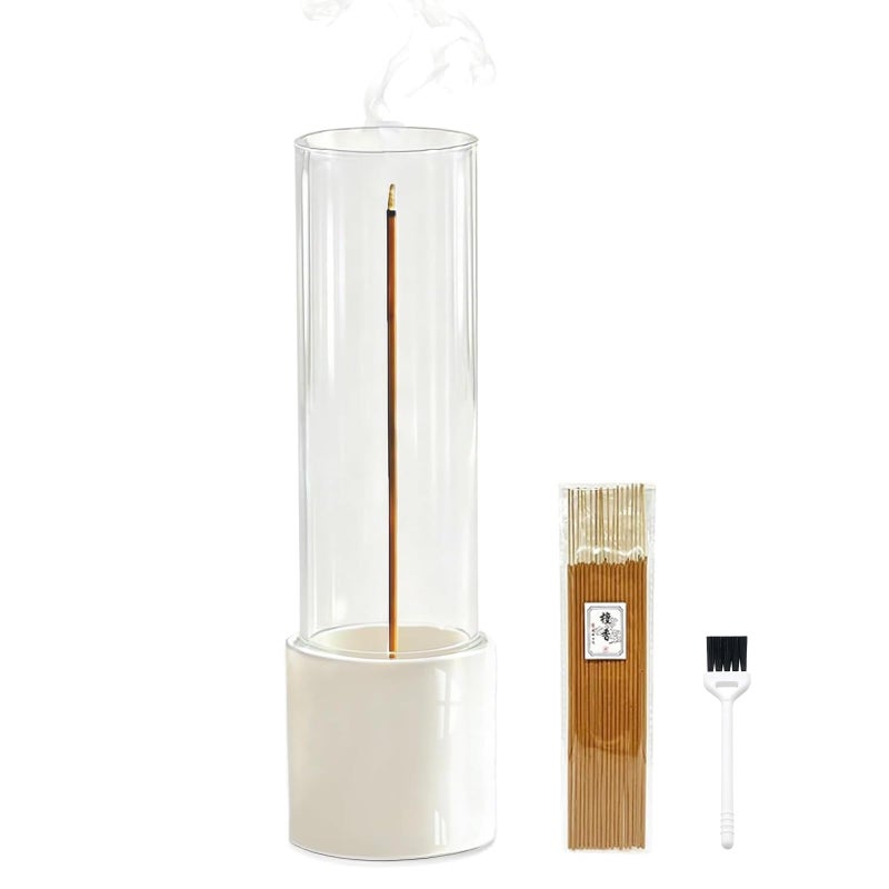 CEREMONY Incense Holder, Ceramic Incense Holder for Sticks with Glass Ash Catcher, Anti-ash Incense Burner with 20 Incense Sticks and a Ash Brush for Meditation Yoga Spa Room Decor - Image 1