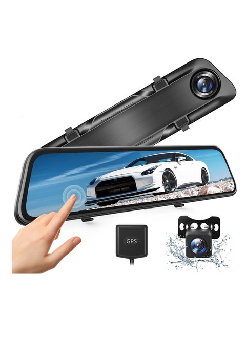 12 inches Mirror Dash Cam Front and Rear Camera, GPS Rearview Mirror Camera for Cars & Trucks with IPS Touch Screen, Enhanced Night Vision And SD Card up to 128G Max.