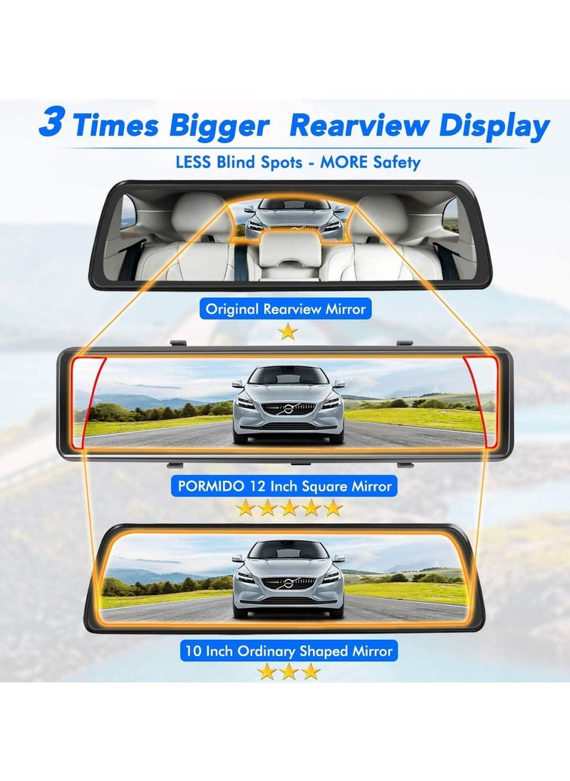12 inches Mirror Dash Cam Front and Rear Camera, GPS Rearview Mirror Camera for Cars & Trucks with IPS Touch Screen, Enhanced Night Vision And SD Card up to 128G Max.