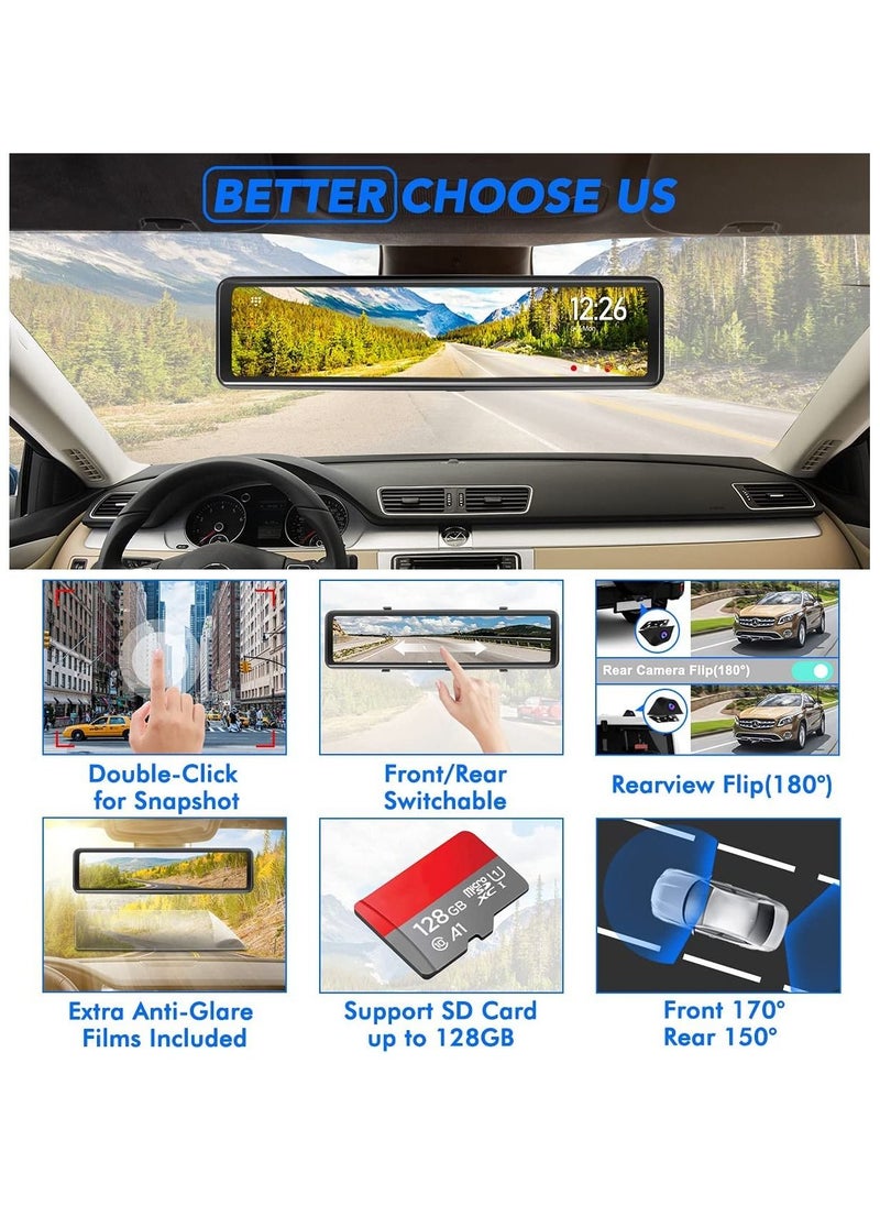 12 inches Mirror Dash Cam Front and Rear Camera, GPS Rearview Mirror Camera for Cars & Trucks with IPS Touch Screen, Enhanced Night Vision And SD Card up to 128G Max.