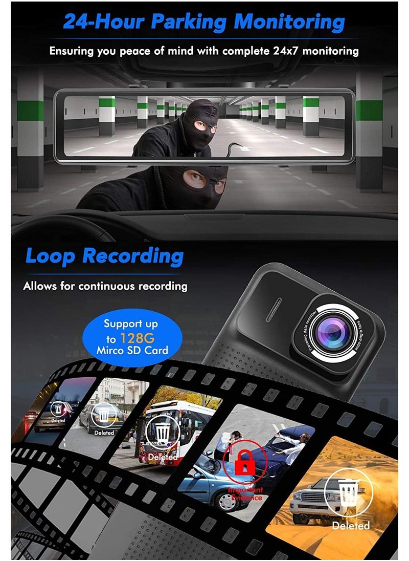 12 inches Mirror Dash Cam Front and Rear Camera, GPS Rearview Mirror Camera for Cars & Trucks with IPS Touch Screen, Enhanced Night Vision And SD Card up to 128G Max.