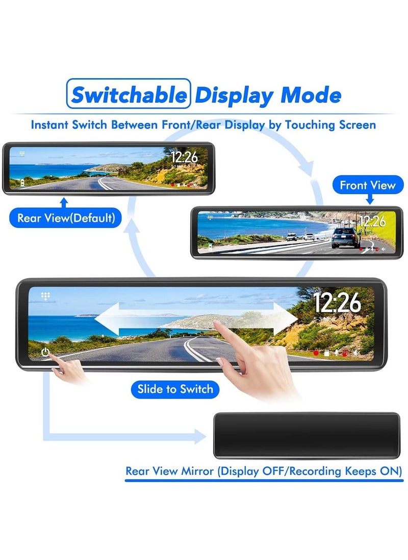 12 inches Mirror Dash Cam Front and Rear Camera, GPS Rearview Mirror Camera for Cars & Trucks with IPS Touch Screen, Enhanced Night Vision And SD Card up to 128G Max.