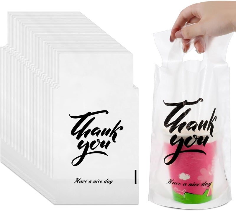 PerKoop 500 Pcs Drink Carrier for Delivery Clear Cup Carrier with Handle Thank You Drink Bags Single Take out Cup Carriers for Beverage Coffee Shop, Restaurant, Bakery, Bar(Classic) - Image 1