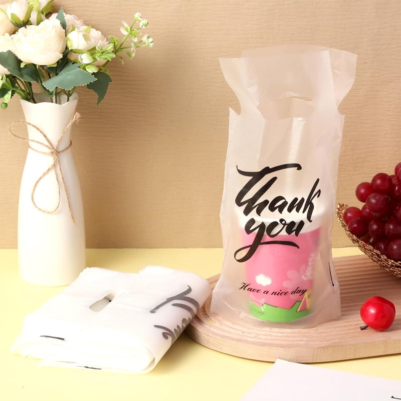 PerKoop 500 Pcs Drink Carrier for Delivery Clear Cup Carrier with Handle Thank You Drink Bags Single Take out Cup Carriers for Beverage Coffee Shop, Restaurant, Bakery, Bar(Classic) - Image 3