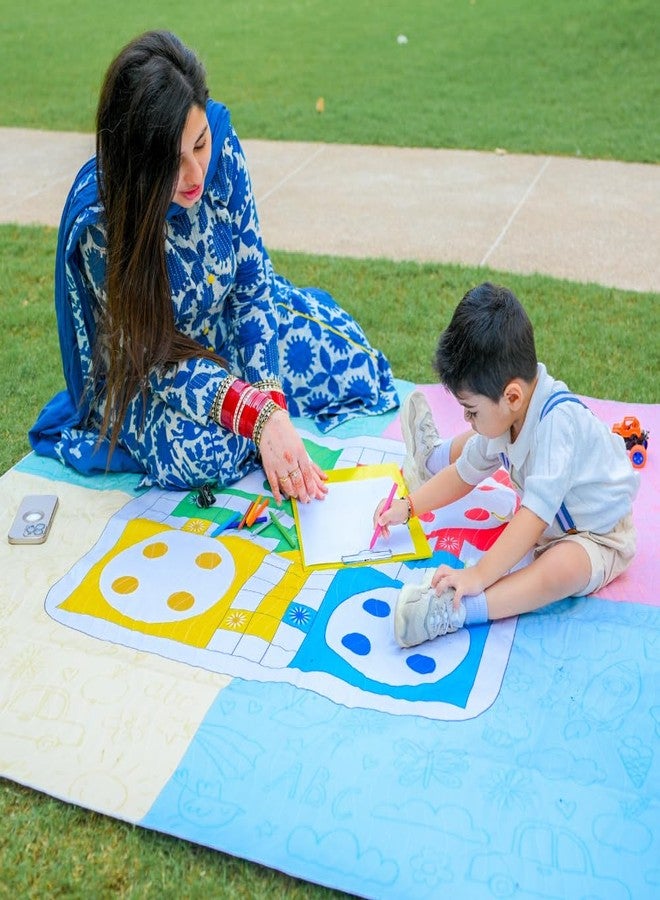 Happy Matty حصيرة نزهة هابي ماتي لودو للأطفال، مانعة للانزلاق، قابلة للعكس، محمولة، للاستخدام في الهواء الطلق/النزهات/الشاطئ/السفر (140 سم × 140 سم) - Image 3