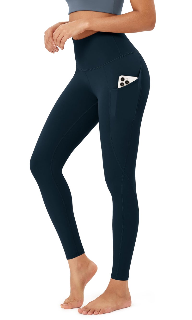 ODODOS Women's High Waisted Full Length Yoga Leggings with Pockets, 28" Inseam Tummy Control Non See Through Workout Athletic Running Yoga Pants, Deep Navy, Medium - Image 1