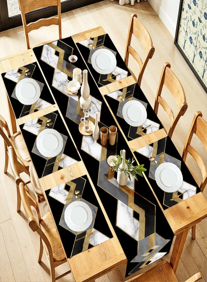 ANNA QUEEN Modern Black and Gold Marble Table Runner and Placemats Set of 6, 13"x72" Table Runner with 12"x18" Placemats, Geometric Luxury Dining Table Decor for 4 to 6 People - Image 1