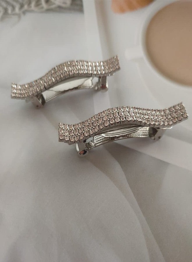 Jilukibo Three Row Rhinestone Crystal Hair French Barrette, Sparkly Bling Spring Hair Clips Hairpin Ponytail Holder Hair Clips Accessories for Women, Silver (2 Pack) - Image 4