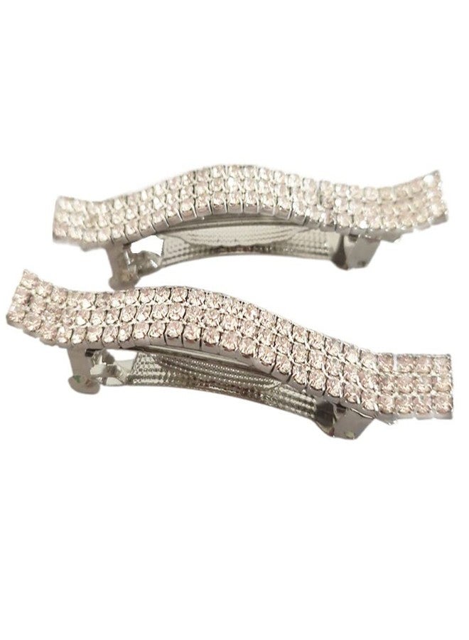 Jilukibo Three Row Rhinestone Crystal Hair French Barrette, Sparkly Bling Spring Hair Clips Hairpin Ponytail Holder Hair Clips Accessories for Women, Silver (2 Pack) - Image 1