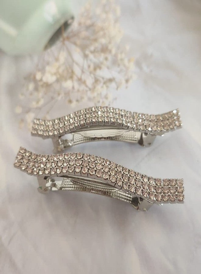 Jilukibo Three Row Rhinestone Crystal Hair French Barrette, Sparkly Bling Spring Hair Clips Hairpin Ponytail Holder Hair Clips Accessories for Women, Silver (2 Pack) - Image 5