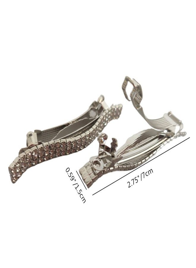 Jilukibo Three Row Rhinestone Crystal Hair French Barrette, Sparkly Bling Spring Hair Clips Hairpin Ponytail Holder Hair Clips Accessories for Women, Silver (2 Pack) - Image 2