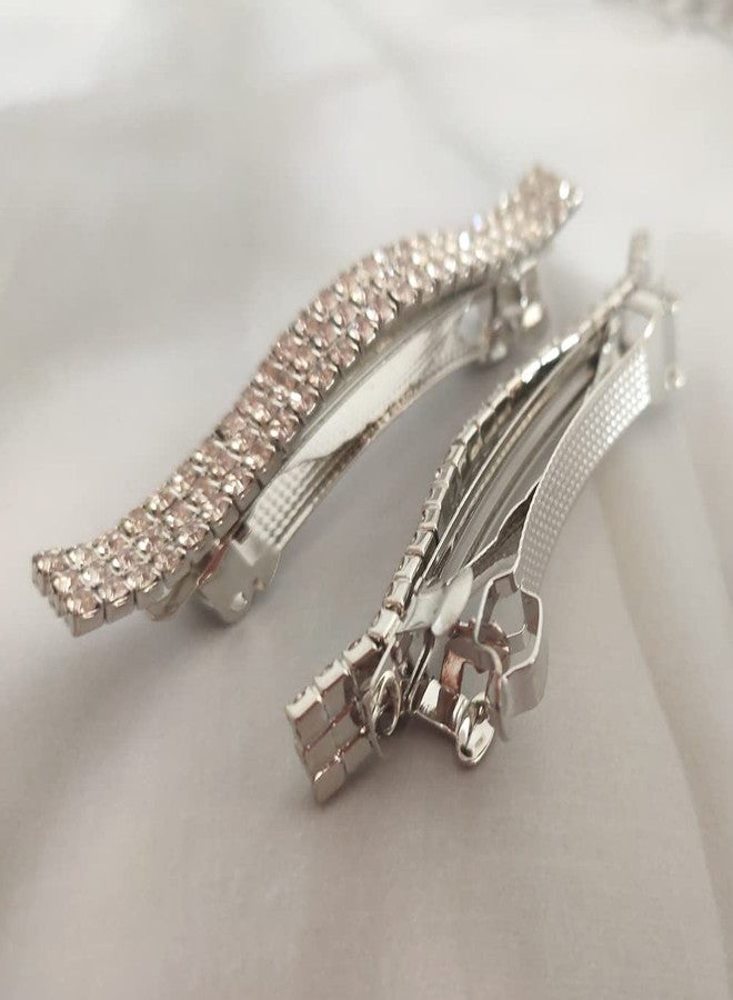 Jilukibo Three Row Rhinestone Crystal Hair French Barrette, Sparkly Bling Spring Hair Clips Hairpin Ponytail Holder Hair Clips Accessories for Women, Silver (2 Pack) - Image 3