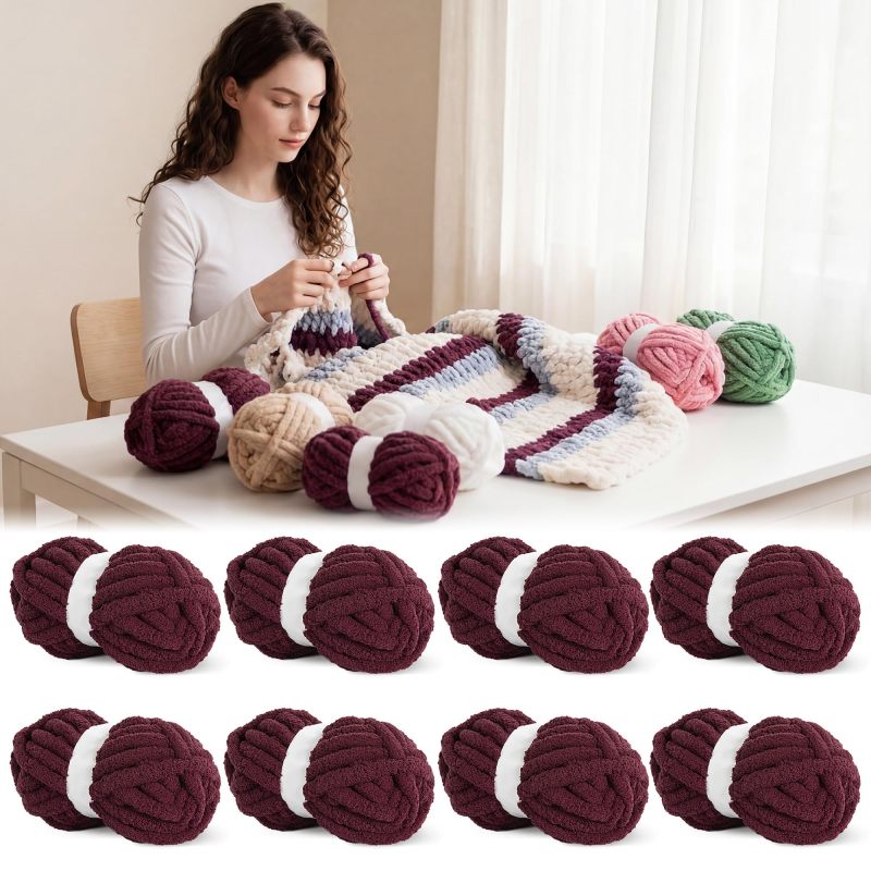 Chunky Chenille Yarn 8 Oz 27yds 3/4 Inch Diameter Soft Fluffy Durable Yarn - 100% Polyester Vibrant Wine Red Yarn for Crocheting Knitting Blankets Hats Scarves Pet Beds - Image 1